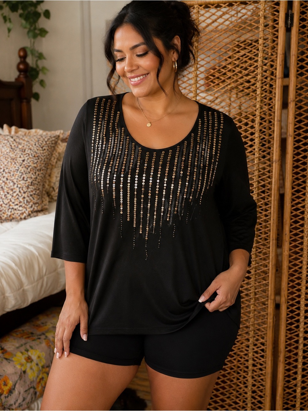 Penningtons Black Embellished Top| Plus Size 3X Glam Sequin Detail Blouse